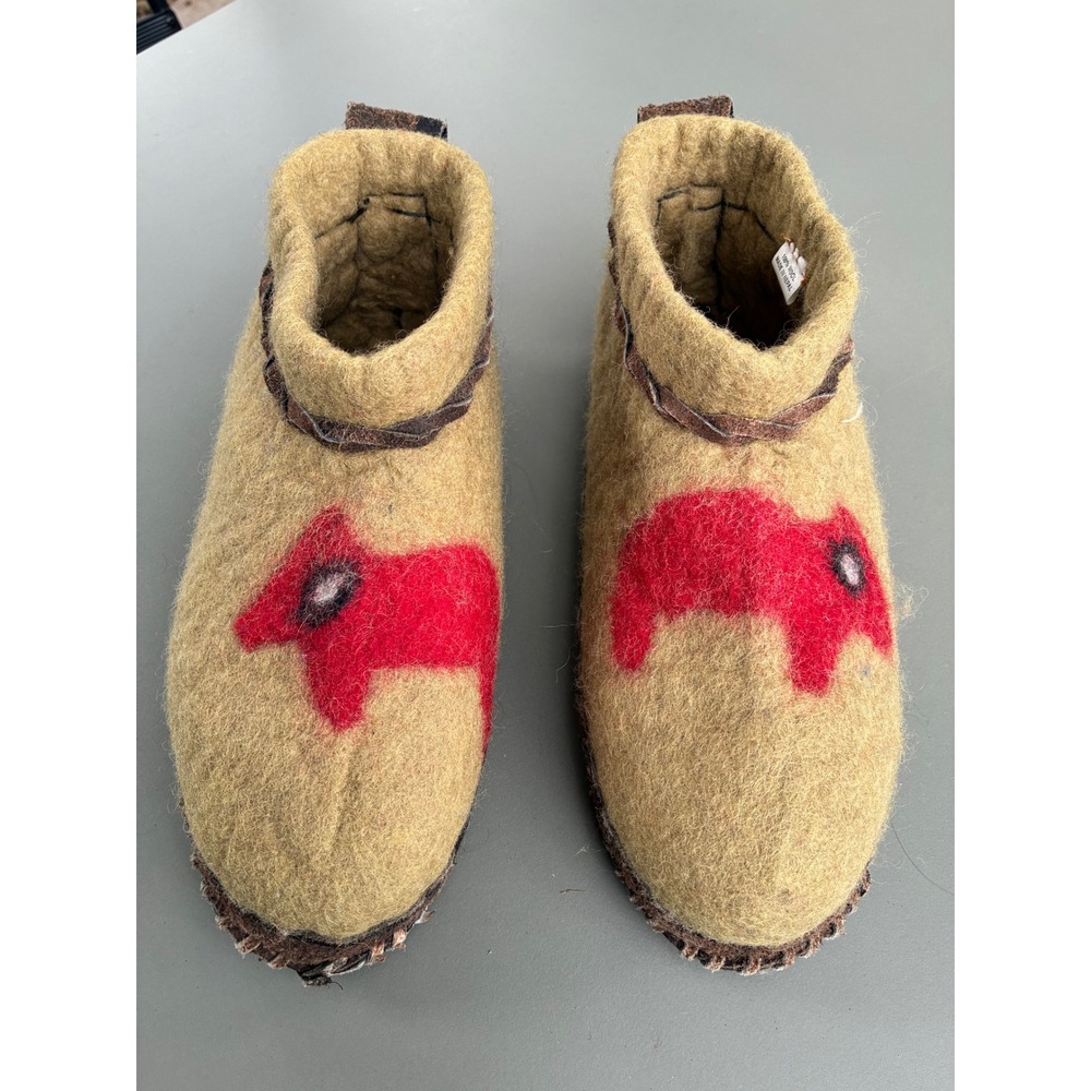 Handmade Nepal 100% Boiled Wool Slipper Boots Tan Red Animal Motif Womens 8